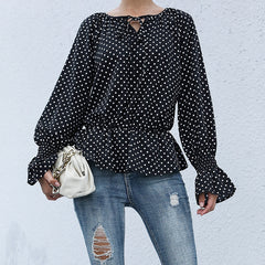 Women's New Fashion Women's Lacing Black Polka Dot Long Sleeve Shirt