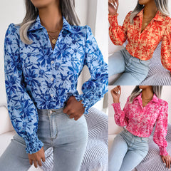 Women's new contrast flower lapel shirt