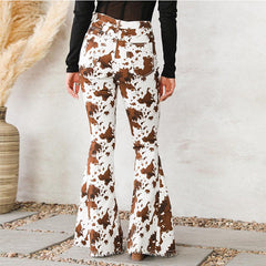 A-Z Women's New White Bottom Printed Brown High Waist Flare Pants