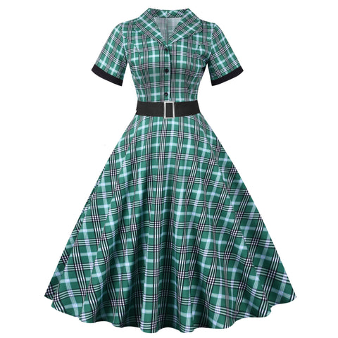 A-Z Women's New Stand Neck Single breasted Short Sleeve Checkered Short Sleeve Waistband Large Swing Dress