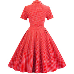 A-Z Women's New Neckline Open plaid Elastic Slim Fit Lace up Large Swing Mid length Vintage Dress