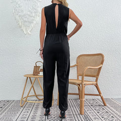 Women's new solid color straight fit black rayon jumpsuit