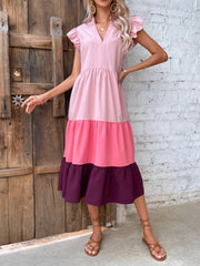 Women's New V-Neck Panel Color Ruffle Sleeve Dress