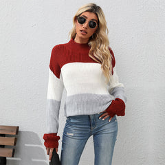 Women's new long sleeve color matching medium length sweater