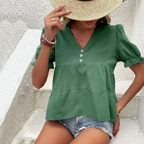 Women's new pleated shirt green short sleeve