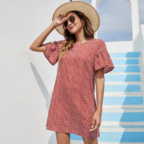 Women's New Red Flower Flare Sleeves Slim Fit Dress