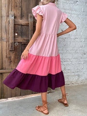 Women's New V-Neck Panel Color Ruffle Sleeve Dress