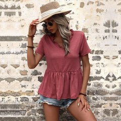 Women's New V-neck Casual Solid Loose T-shirt