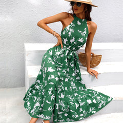 Women's New Green Print Hanging Neck Sleeveless Long Dress