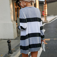 Women's new striped medium length sweater cardigan jacket