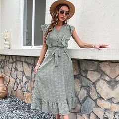 Women's New Summer Print Slim Fit Green Vintage Dress