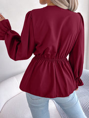 Women's new casual V-neck lace up waist ruffled chiffon shirt