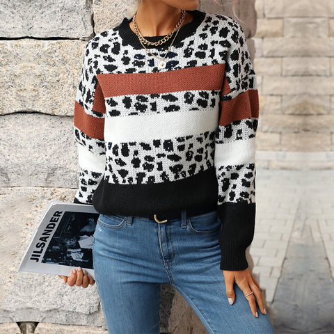 Women's New Jacquard Casual Leopard Pattern Long Sleeve Sweater