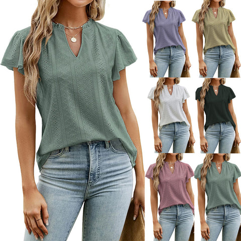 Women's New V-neck Stacked Sleeve Short Sleeve T-shirt