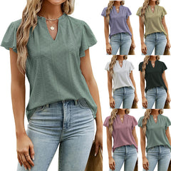 Women's New V-neck Stacked Sleeve Short Sleeve T-shirt