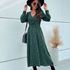 Women's New Green Long Sleeve Leopard Print Long Dress