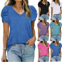 Women's New Solid Twisted V-neck Short Sleeve T-shirt