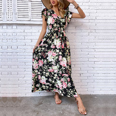 Women's summer vacation medium length split floral dress