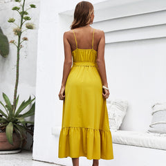 A-Z Women's New Yellow Sexy Hanging Neck Waist Strap Dress