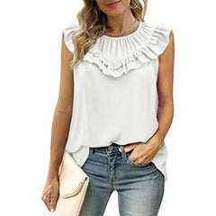 Women's New Sleeveless Chiffon Shirt Elegant Round Neck Pleated Top