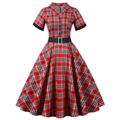 A-Z Women's New Stand Neck Single breasted Short Sleeve Checkered Short Sleeve Waistband Large Swing Dress