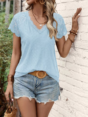 women's new V-neck short sleeve splicing lace sleeve blouse