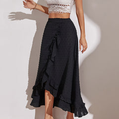 Women's New Black Irregular Ruffle Edge Long Women's Half length Skirt