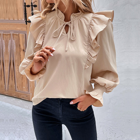 New Women's Ruffled Long Sleeve Solid Color Shirt