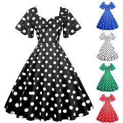 A-Z Women's New Wave Short Sleeve Wave Dotted Mid length Large Swing Skirt