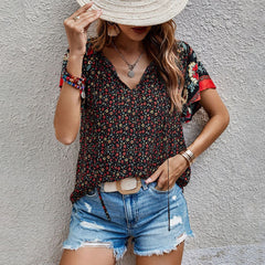 Women's New Casual Loose V-neck Printed Short Sleeve Shirt