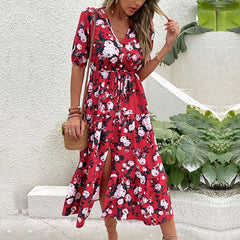 Fashion Women's Printed V-neck Split Dress