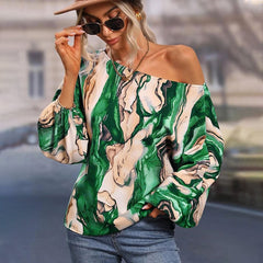 Women's New Fashion Painted Off Shoulder Loose Lantern Long Sleeve Top