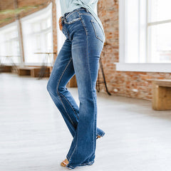 A-Z women's new elastic slim fitting patchwork flared denim pants
