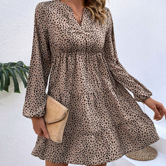 Women's new pleated leopard print long sleeve dress