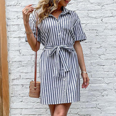 Women's new polo neck short sleeve striped dress