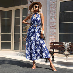 Women's new printed blue neck dress