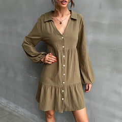 Women's new lapel pleated solid color short dress