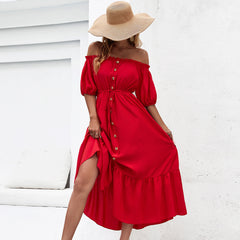 A-Z Women's New Red Ear Edge Off Shoulder Waist Wrap Dress