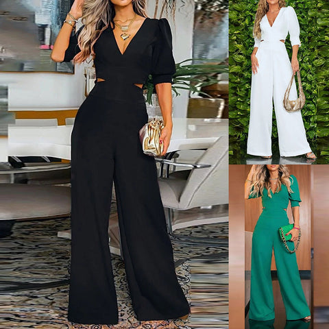 A-Z women's new solid color wide leg pants jumpsuit