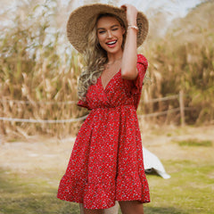 Women's new large red V-neck small floral high waisted short skirt