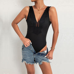 Women's new tight-fitting lace solid color sleeveless one-piece top