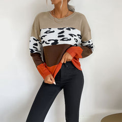 Women's new leopard print color blocking long-sleeved sweater