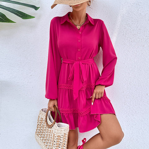 Women's New Solid Lace Up Stand Neck Dress