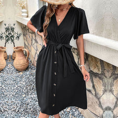 Women's waist closure temperament V-neck solid color dress for women