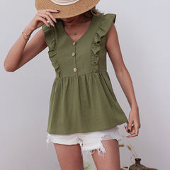 Women's New Casual Loose Fit Cotton Linen Top Green Sleeveless V-Neck T-shirt