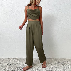 Fashion Women's Tank Top Pants Solid Color Set