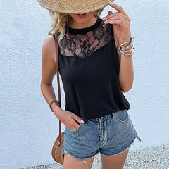 Women's New Round Neck Solid Lace Tank Top