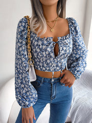 Women's new ear lace up floral chiffon shirt with exposed navel top