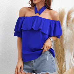 Women's new solid color neck style off shoulder ruffle top