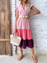 Women's New V-Neck Panel Color Ruffle Sleeve Dress